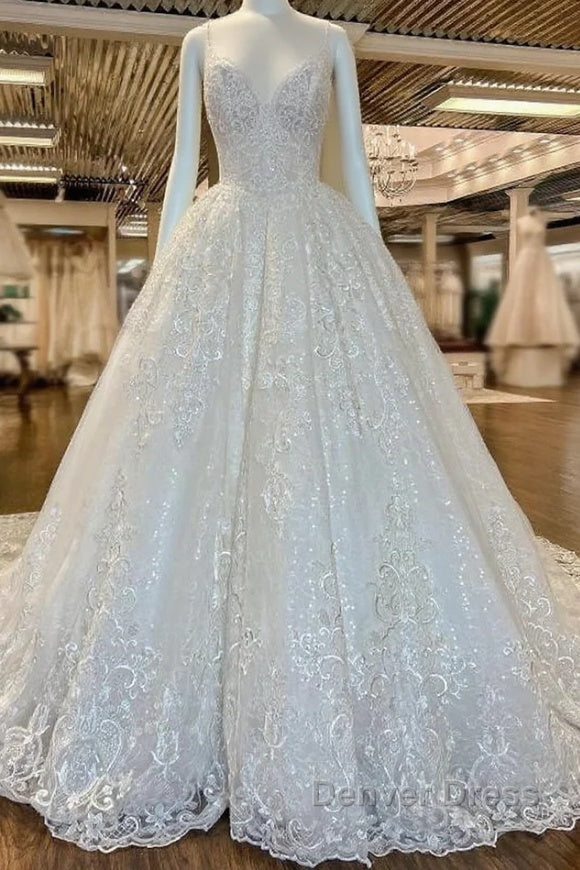 Chic Long A-line V-neck Floral Lace Open Back Wedding Dresses Main image