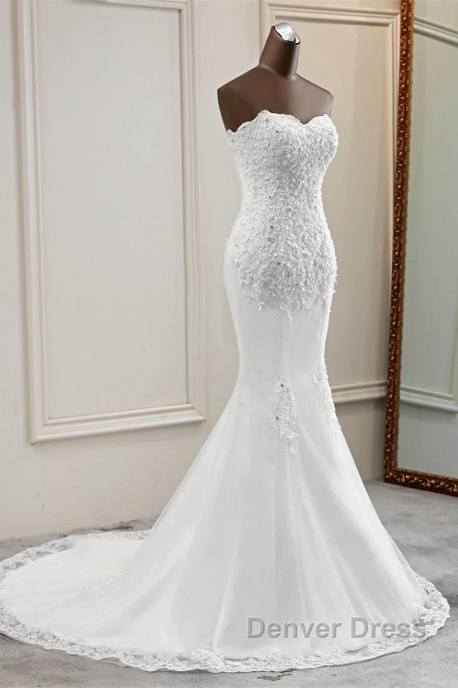 Chic Long Mermaid Strapless Lace Appliques Wedding Dresses