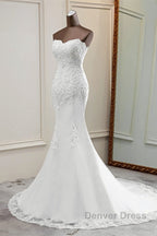Chic Long Mermaid Strapless Lace Appliques Wedding Dresses
