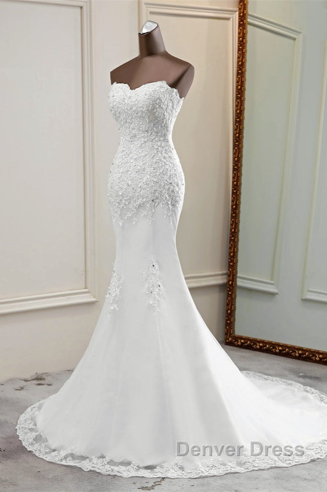 Chic Long Mermaid Strapless Lace Appliques Wedding Dresses