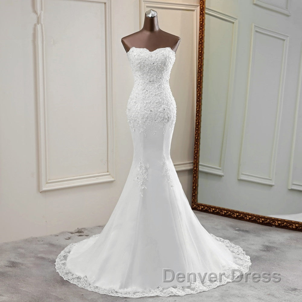Chic Long Mermaid Strapless Lace Appliques Wedding Dresses