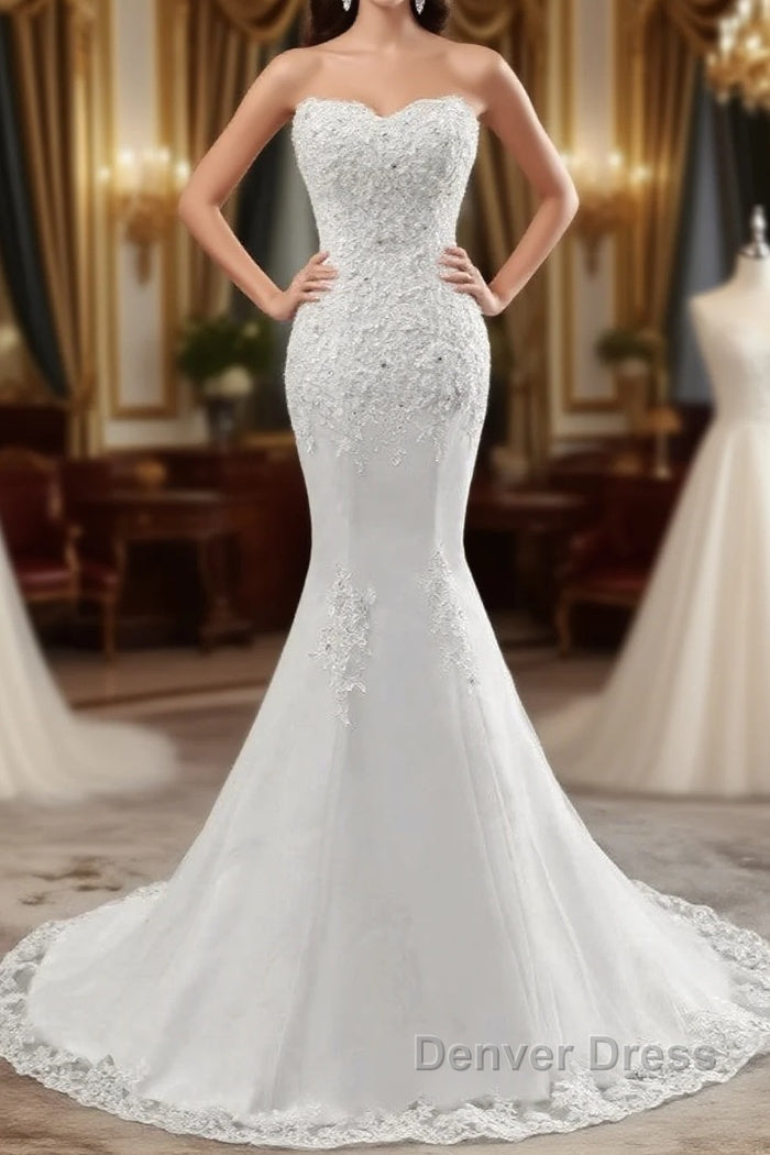 Chic Long Mermaid Strapless Lace Appliques Wedding Dresses Main image