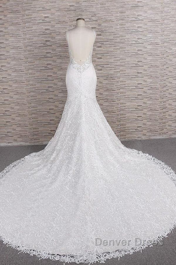 Chic Long Mermaid Sweetheart Spaghetti Strap Appliques Lace Wedding Dresses