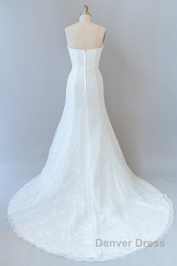 Chic Long Sheath Strapless Ruffle Lace Wedding Dresses Secondary image