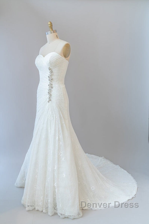 Chic Long Sheath Strapless Ruffle Lace Wedding Dresses