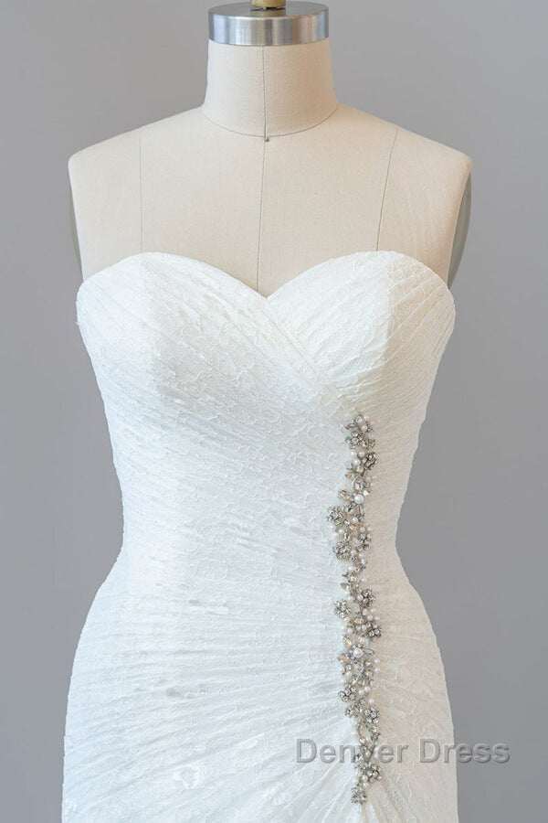 Chic Long Sheath Strapless Ruffle Lace Wedding Dresses