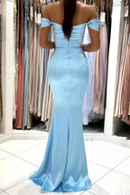 Chic Long Sky Blue Sleeveless Prom Dress With Slit Off-The-Shoulder Mermaid