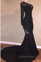 Chic Mermaid Black Long Sleeves Backless Appliques Prom Gown