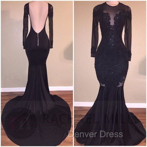 Chic Mermaid Black Long Sleeves Backless Appliques Prom Gown