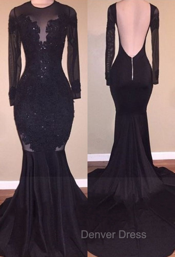 Chic Mermaid Black Long Sleeves Backless Appliques Prom Gown Main image