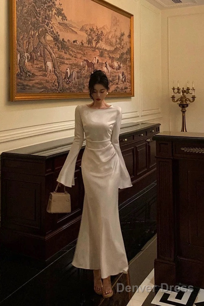 Chic Mermaid Boat Neckline Long Sleeves Silk Satin Prom Dress Birthday Dresses