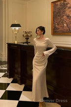 Chic Mermaid Boat Neckline Long Sleeves Silk Satin Prom Dress Birthday Dresses