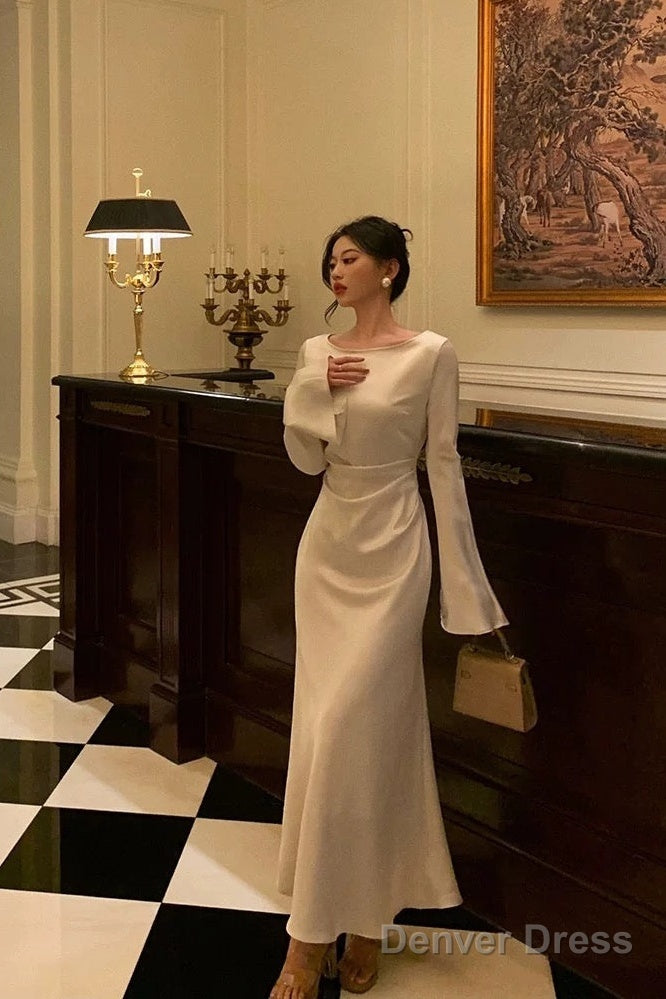 Chic Mermaid Boat Neckline Long Sleeves Silk Satin Prom Dress Birthday Dresses