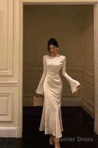 Chic Mermaid Boat Neckline Long Sleeves Silk Satin Prom Dress Birthday Dresses