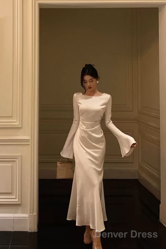 Chic Mermaid Boat Neckline Long Sleeves Silk Satin Prom Dress Birthday Dresses