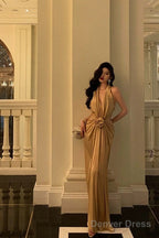 Chic Mermaid Halter Gold Long Ruffles Prom Dress Birthday Dresses