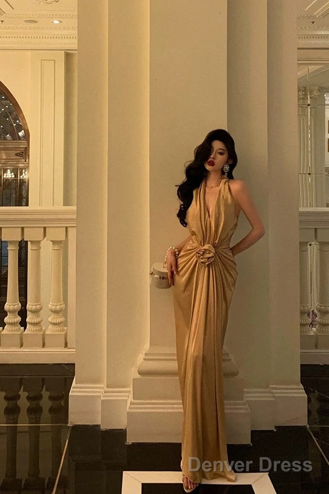 Chic Mermaid Halter Gold Long Ruffles Prom Dress Birthday Dresses