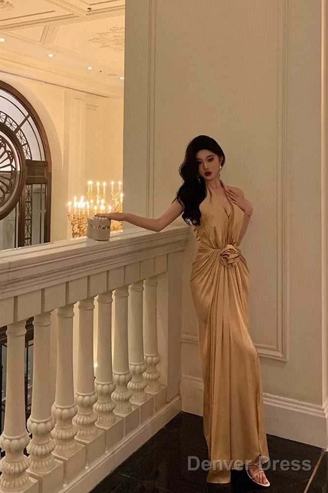 Chic Mermaid Halter Gold Long Ruffles Prom Dress Birthday Dresses