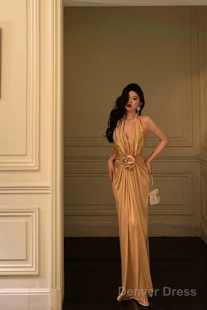 Chic Mermaid Halter Gold Long Ruffles Prom Dress Birthday Dresses