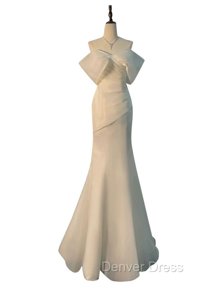 Chic Mermaid Off The Shoulder Short Sleeves Ivory Chiffon Wedding Dresses With Ruffles