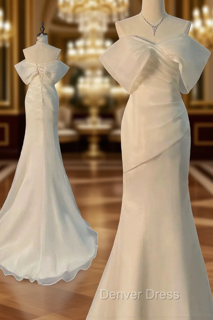 Chic Mermaid Off The Shoulder Short Sleeves Ivory Chiffon Wedding Dresses With Ruffles Main image