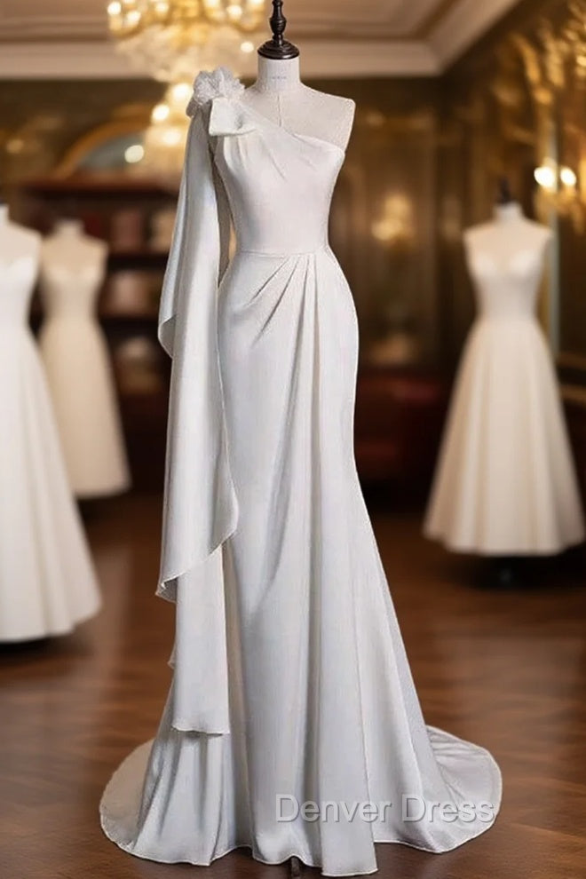 Chic Mermaid One Shoulder Sleeveless Ivory Chiffon Wedding Dresses With Flowers Main image