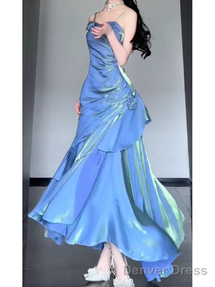 Chic Mermaid Spaghetti Straps Blue Long Prom Dress Birthday Dresses Birthday Outfits