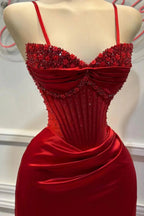 Chic Mermaid Spaghetti StrapsSatin Long Prom Dress With Beading Wedding Guest Dresses