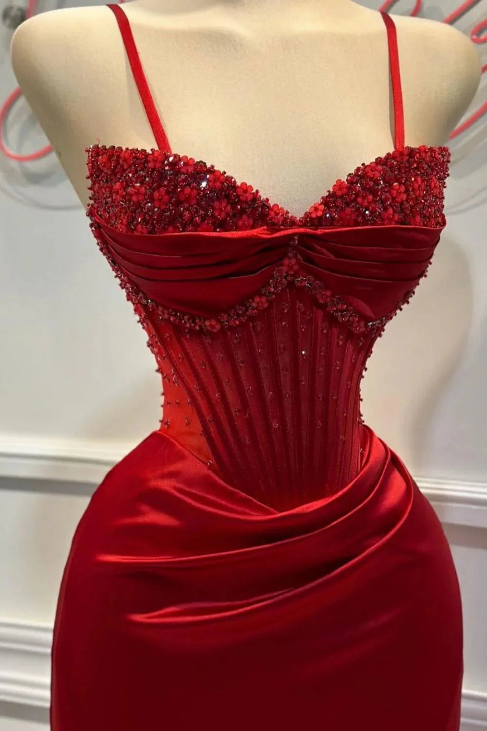 Chic Mermaid Spaghetti StrapsSatin Long Prom Dress With Beading Wedding Guest Dresses