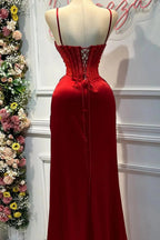 Chic Mermaid Spaghetti StrapsSatin Long Prom Dress With Beading Wedding Guest Dresses