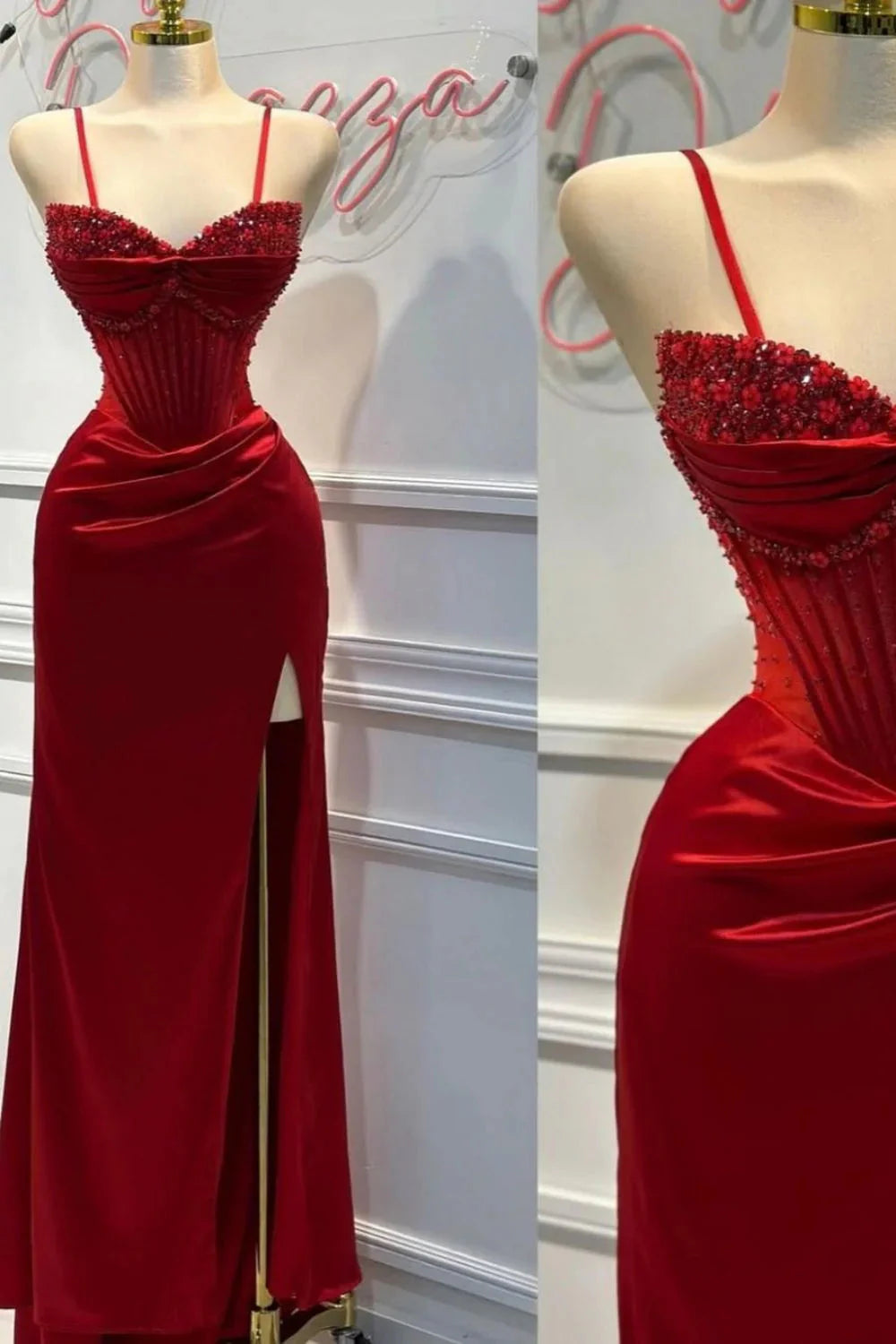Chic Mermaid Spaghetti StrapsSatin Long Prom Dress With Beading Wedding Guest Dresses
