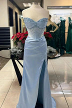 Chic Mermaid Spaghetti StrapsSatin Long Prom Dress With Beading Wedding Guest Dresses