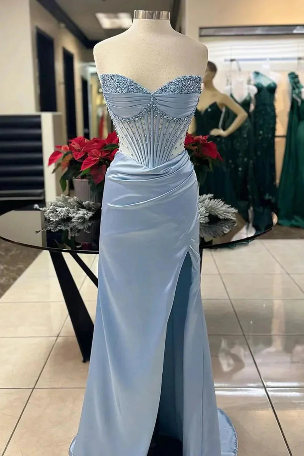 Chic Mermaid Spaghetti StrapsSatin Long Prom Dress With Beading Wedding Guest Dresses