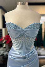 Chic Mermaid Spaghetti StrapsSatin Long Prom Dress With Beading Wedding Guest Dresses