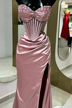 Chic Mermaid Spaghetti StrapsSatin Long Prom Dress With Beading Wedding Guest Dresses