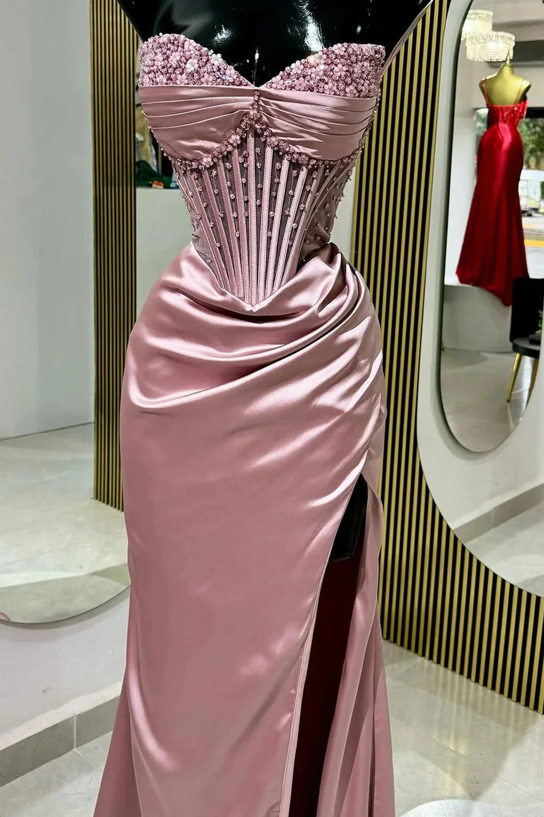 Chic Mermaid Spaghetti StrapsSatin Long Prom Dress With Beading Wedding Guest Dresses