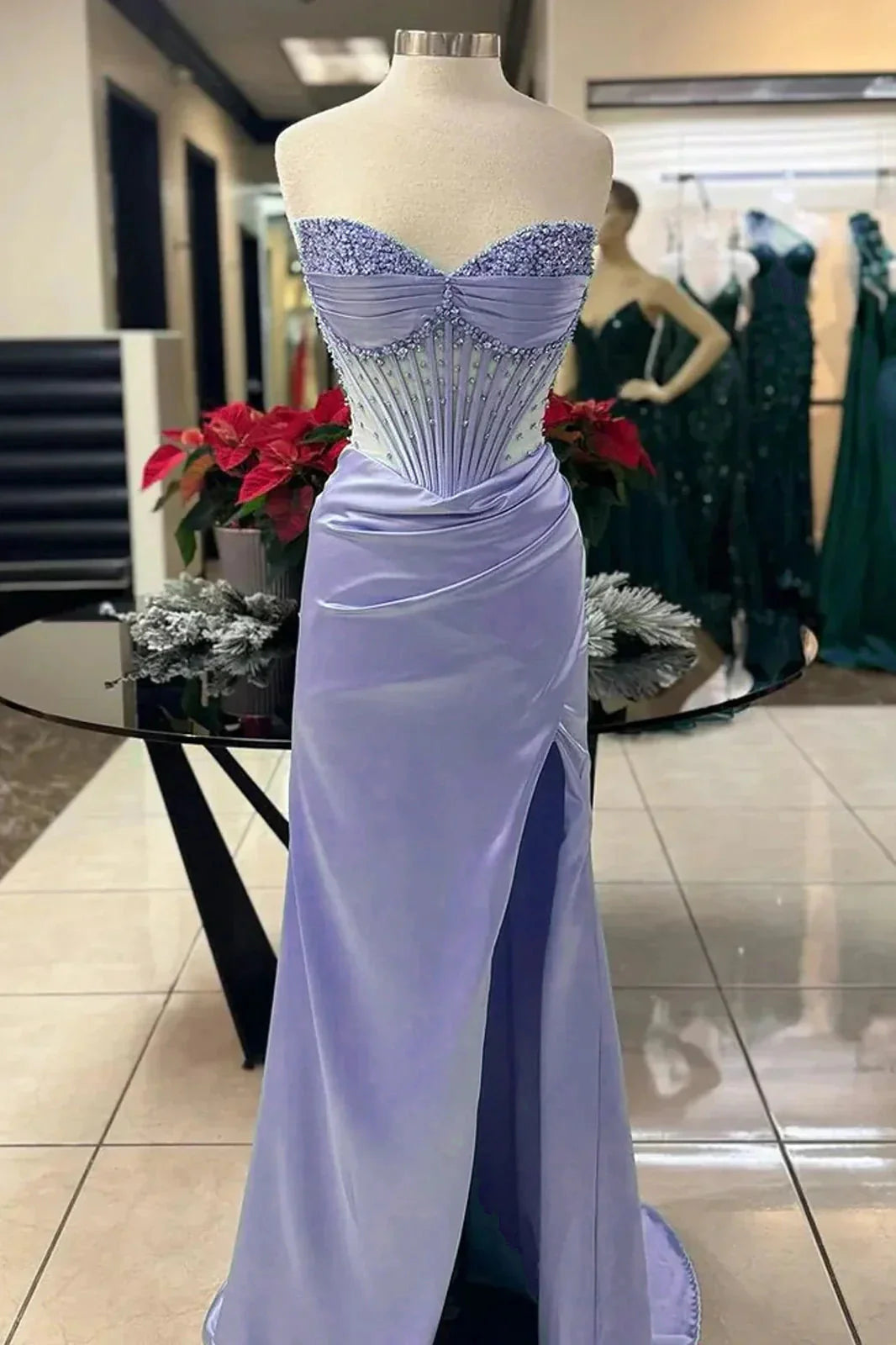 Chic Mermaid Spaghetti StrapsSatin Long Prom Dress With Beading Wedding Guest Dresses
