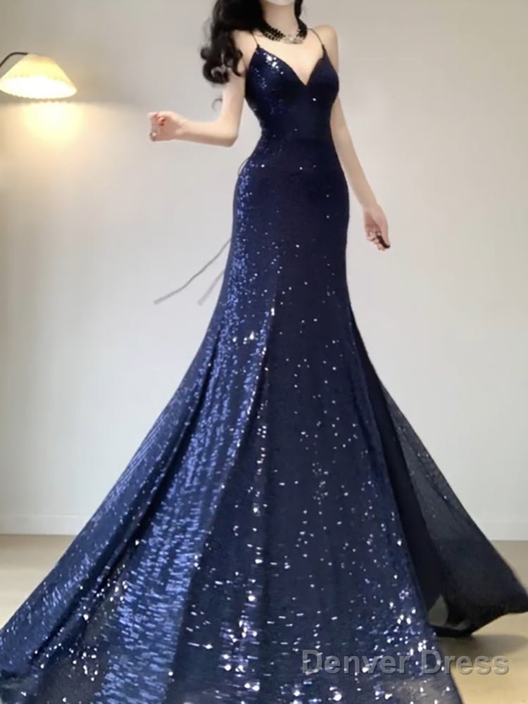 Chic Mermaid Spaghetti Straps Sequin Blue Prom Dress Birthday Dresses Birthday Outfits