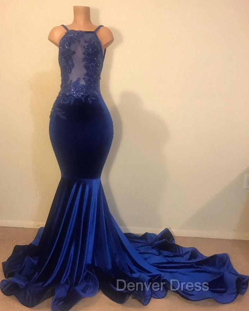 Chic Mermaid Spahgetti-Straps Openback Velvet Applique Prom Party Gowns Secondary image