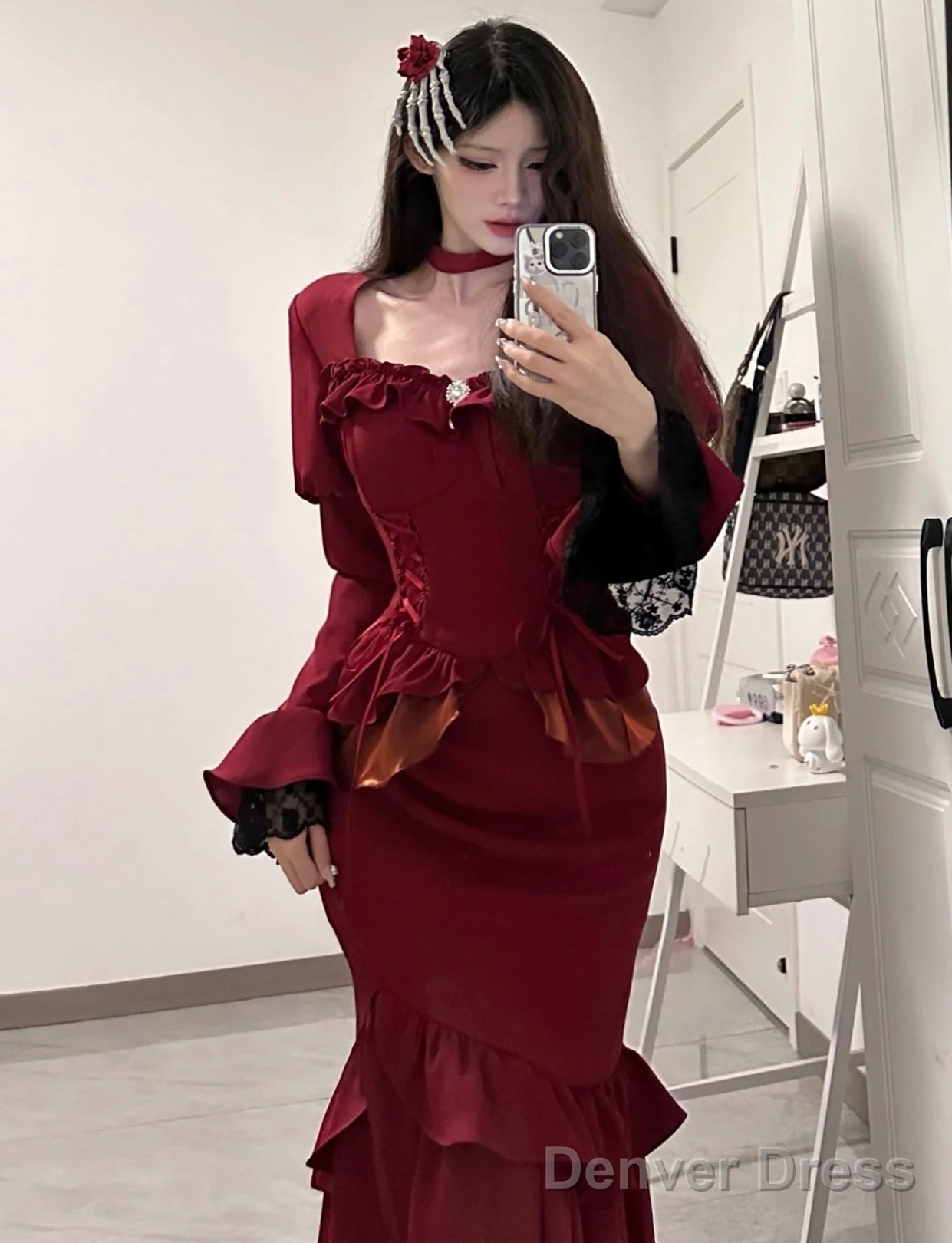 Chic Mermaid Square Neckline Christmas Dress Burgundy Birthday Dresses Birthday Outfits Main image