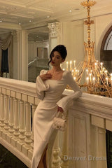 Chic Mermaid Square Neckline Long Sleeves Slit Prom Dresses Birthday Outfits