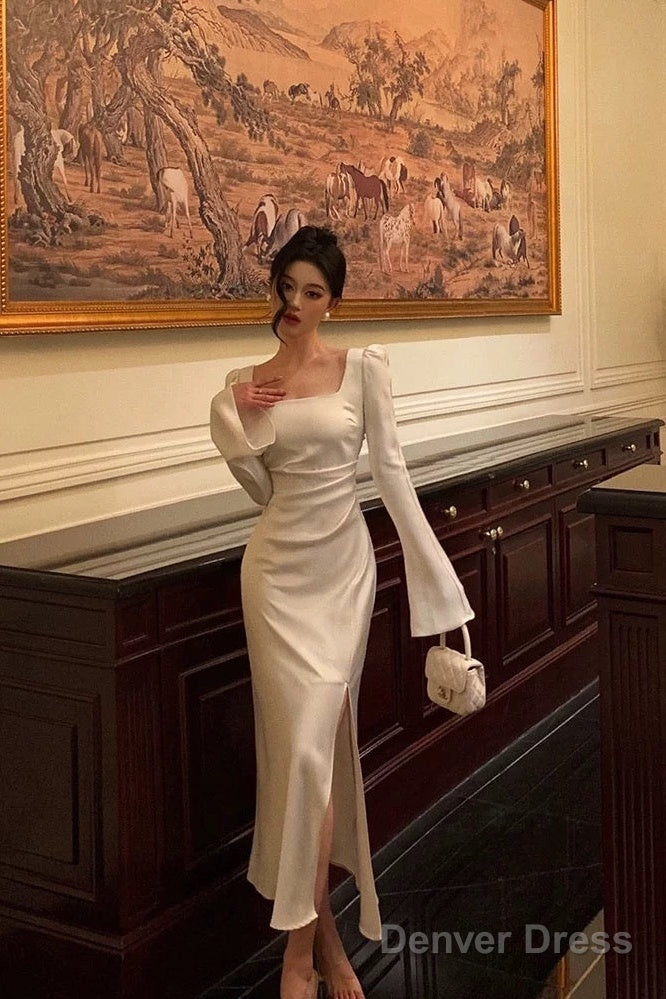 Chic Mermaid Square Neckline Long Sleeves Slit Prom Dresses Birthday Outfits