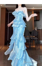 Chic Mermaid Strapless Light Sky Blue Chiffon Ruffles Long Prom Dresses Birthday Outfits