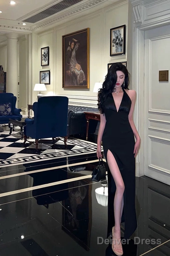 Chic Mermaid V Neckline Backless Black Slit Prom Dresses Birthday Outfits