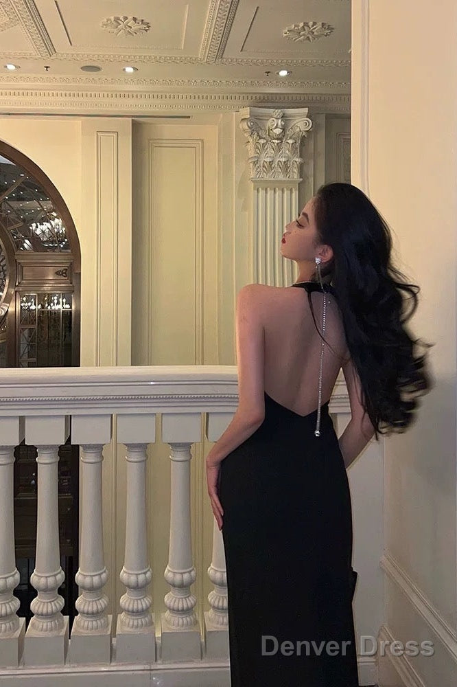 Chic Mermaid V Neckline Backless Black Slit Prom Dresses Birthday Outfits