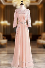 Chic O-neck Lace Sleeve Chiffon Long Mother Of The Bride Dresses Plus Size