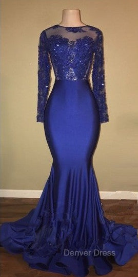 Chic Open Back Royal Blue Real Model Prom Dresses Lace Long Sleeves Mermaid Prom Gowns Secondary image