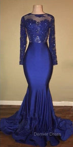 Chic Open Back Royal Blue Real Model Prom Dresses Lace Long Sleeves Mermaid Prom Gowns