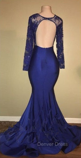 Chic Open Back Royal Blue Real Model Prom Dresses Lace Long Sleeves Mermaid Prom Gowns