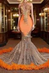 Chic Orange Long Mermaid Halter Sleeveless Tulle Prom Dresses